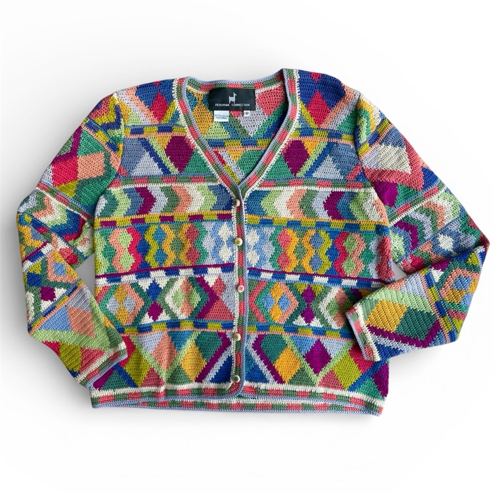 Peruvian Connection Pima Cotton Knit Cardigan Small Colorful Button Up Rainbow